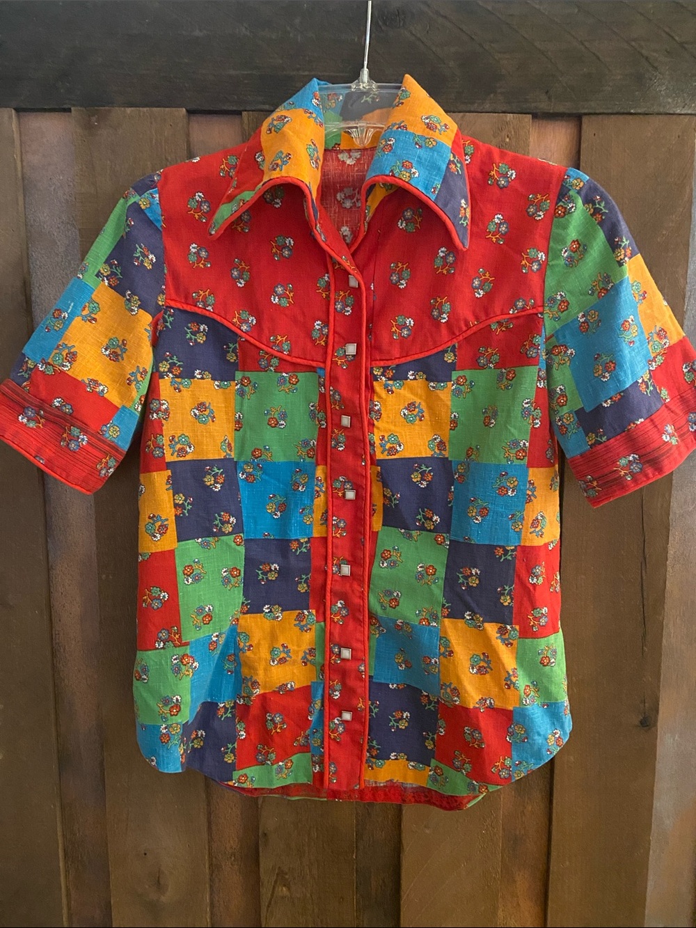 Vintage Patchwork Short-Sleeve Snap Down Shirt - Multicolor